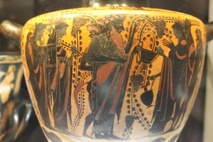 Detail from a Greek vessel, showing Dionysus entering Olympus.